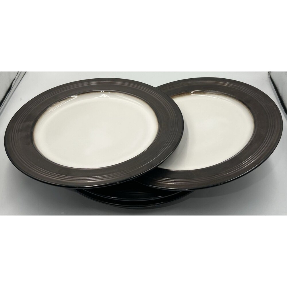 Set of 4 Food Network Braise Dinner Plates 11 1/8" Cream Bronze Metallic Rim